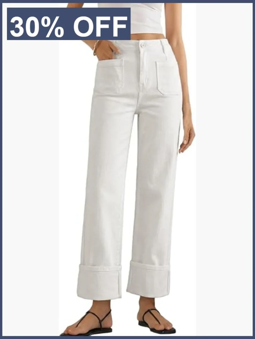 High Waisted Wide Leg Jeans Stretchy Denim Cuffed Hem Regular Fit Trendy Casual